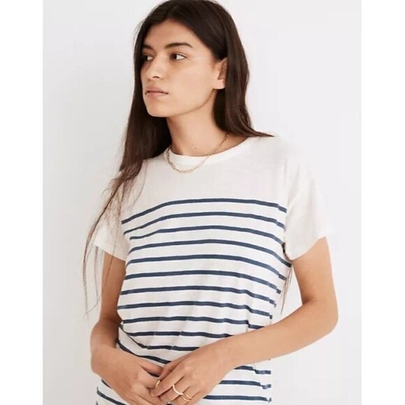 Madewell Cotton Rib Crewneck Nautical Stripe Short Sleeve T-Shirt M - Picture 1 of 5